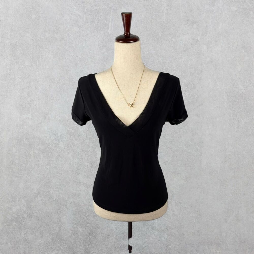 Vintage 90s K2C Black Sheer Mesh Trim Cap Sleeve V-Neck Top